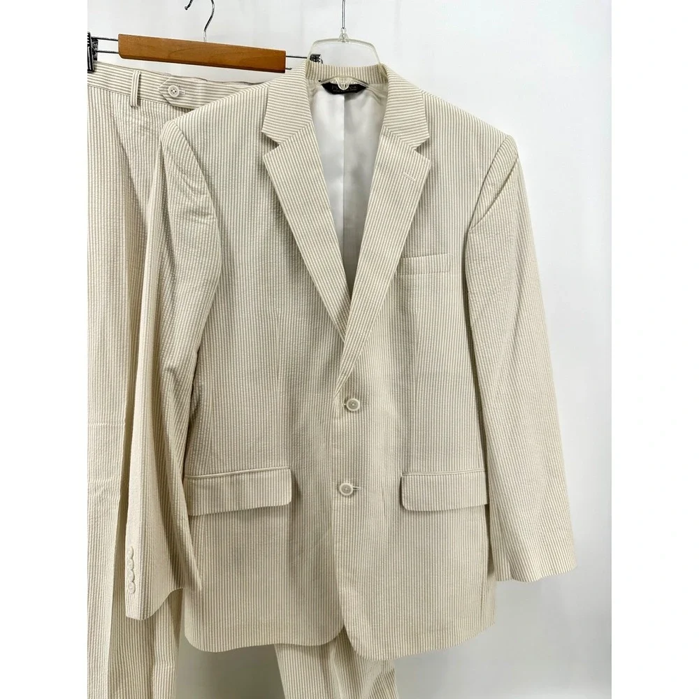 Jos. A. Bank Stays Cool Mens Suit 41L 35W Tan Seersucker Cotton Tailored Fit